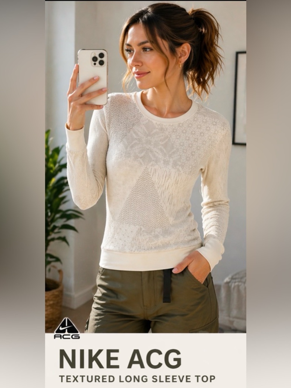 371 Nike ACG Textured Thermal Long Sleeve Top Cream White Medium Outdoor Hiking
